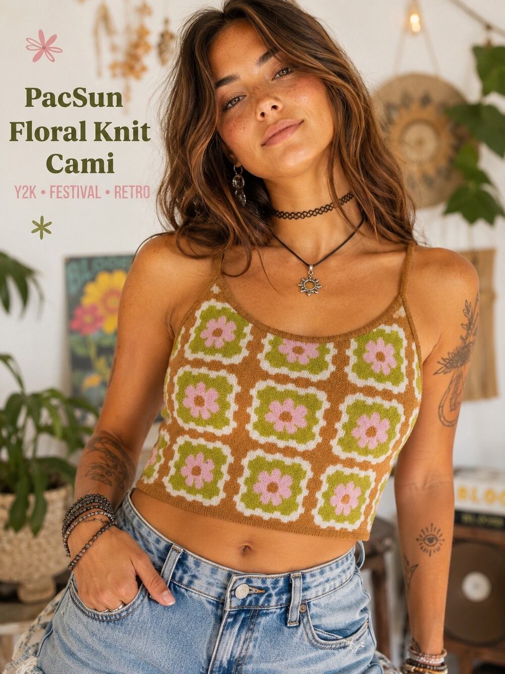 PacSun Floral Knit Cami Crop Top Sz S Granny Square Y2K Festival Retro Boho